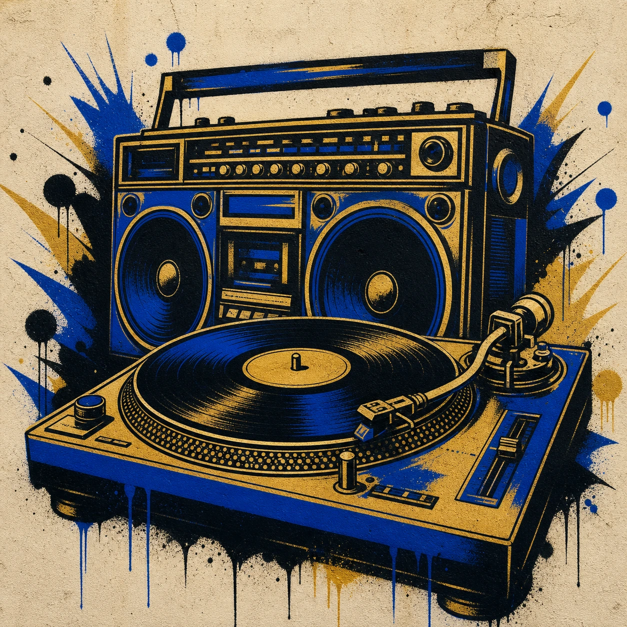 Graffiti-style artwork of a boombox and turntable in black, royal blue and gold spray paint on a cream wall
